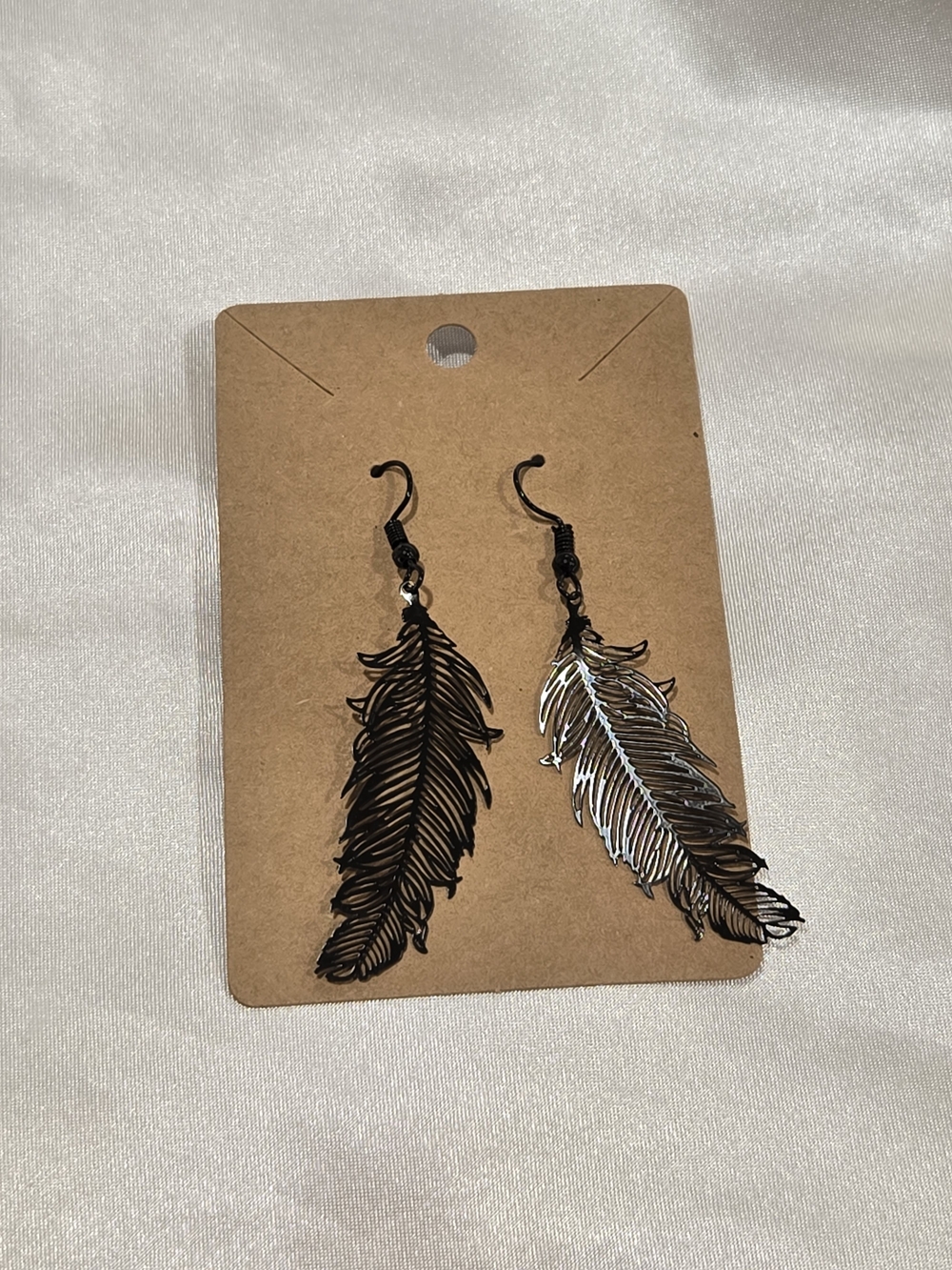 Feather Drop Earrings — Black and Silver